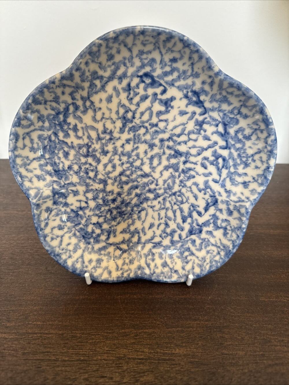 Blue Spongeware Scalloped Salad Bowl Dessert Plate 7.5" Vintage USA Discontinued